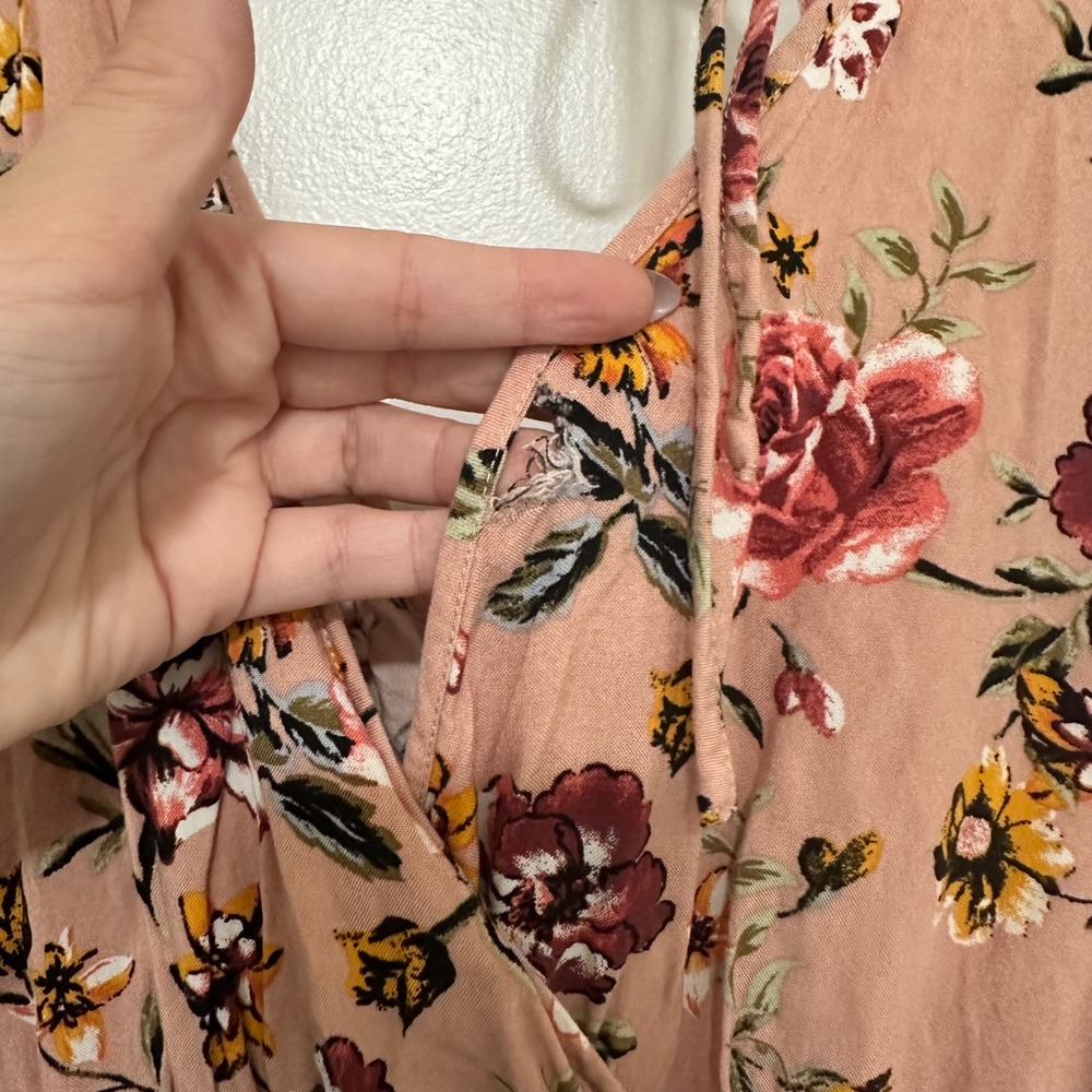 Band of Gypsies | Woman's Floral Pink Wide Leg Flutter Sleeve Wrap Jumpsuit, L - Picture 7 of 7